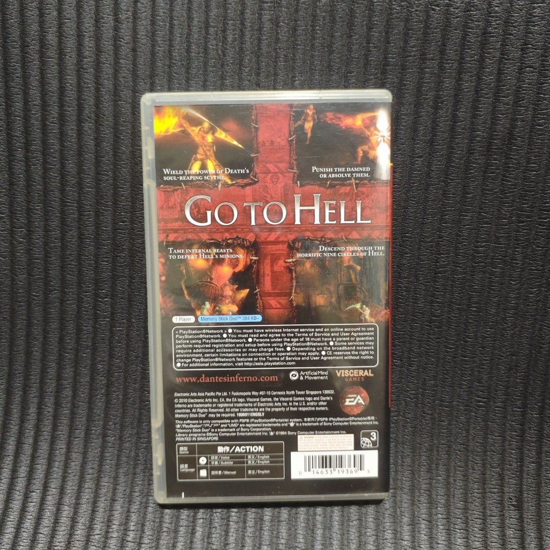 Dantes Inferno PSP Game Authentic (CIB) (Category: PlayStation) located in Quezon City. Submitted by shopme_gadget30 (Listing ID 1469540508, Image 2). Description: kindly read the details first for sale fixed price Good Condition tested and working with case , Disc Game and Manual Booklet Complete in box compatible to PSP Console R3 Region Rare qc area meet up: sm north shipping fee must shoulder by the buyer via lalamove or grab payment: bdo/gca