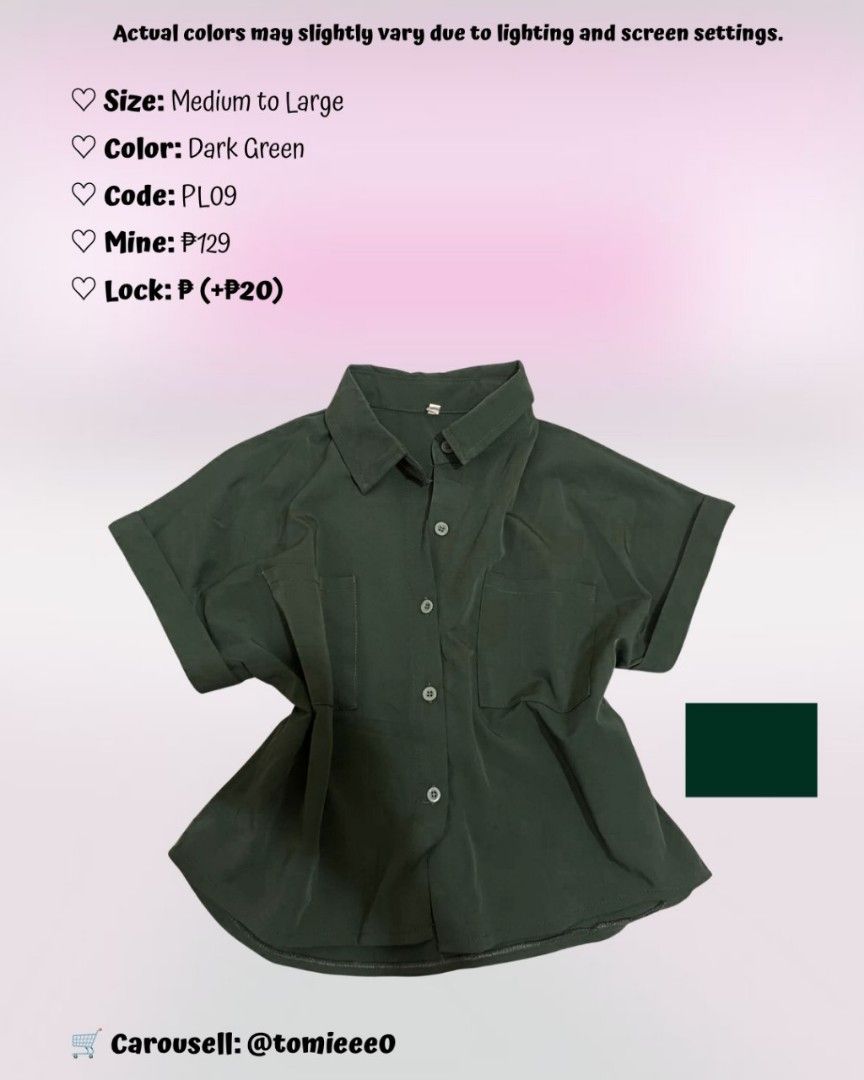Dark Green Short Sleeve Button Down Blouse PL09 (Category: Blouses) located in Manila. Submitted by tomieee0 (Listing ID 1469427527, Image 1). Description: 🎀 ୨ৎ PRELOVED CLOTHES FOR SALE! 🛍️ hiii, loves! ♡ decluttering my closet and giving these clothes a new home! 🩰 affordable finds waiting for their next owner. 𐙚 mine or lock your faves! ౨ৎ prices are negotiable, so feel free to send an offer! ♡ check each item's description for size, color