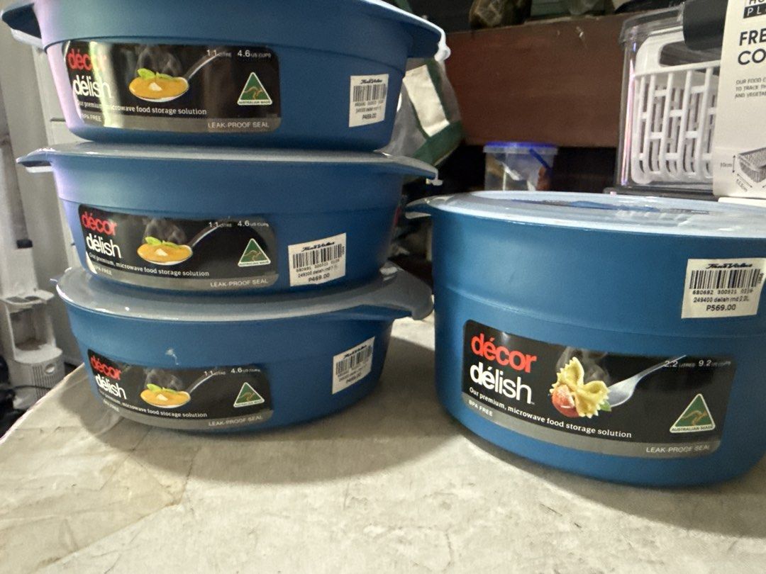 Décor Delish Microwave Food Storage Solution Round Containers (Category: Food Organization & Storage) located in Manila. Submitted by babybulilit (Listing ID 1469403108, Image 1). Description: PRICE PER ITEM 369-1.1 L 469-2.2L - Brand new Décor Delish food storage container set with original store price tags still attached - Includes three 1.1 litre bowls and one larger 2.2 litre bowl in a stylish blue color - Made in Australia and 100% BPA-free 