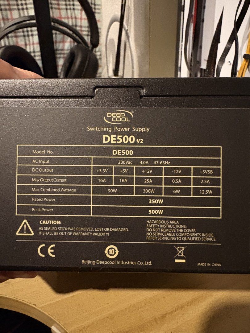 Deepcool DE500 V2 Switching Power Supply 350W (Category: Computer Parts) located in Baguio. Submitted by jeikei27 (Listing ID 1469407296, Image 1). Description: Reliable Deepcool DE500 V2 Switching Power Supply Unit (PSU) - Rated Power: 350W (Peak Power: 500W) - Input: 230Vac, 4.0A, 47-63Hz - Output Specs: +3.3V (16A), +5V (16A), +12V (25A), -12V (0.5A), +5VSB (2.5A) - Standard PC component ideal for desktop builds and upgrades - Manufactured by 