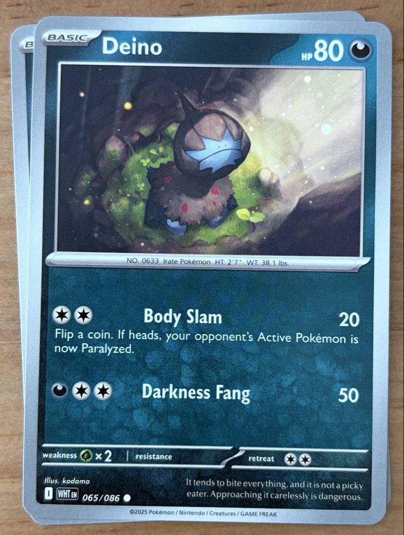 Deino | Pokemon Cards ~ White Flare (Category: Raw Singles) located in Makati City. Submitted by cardlab (Listing ID 1469570163, Image 1). Description: Items are 💯 authentic/original/legit. About The Card: •Language: EN • Number: 065/086 • Common • Normal FOR: • Cards ₱99 and below with Card Sleeves • Cards ₱100 and up with Card Sleeves and Used Toploader • ₱10 for Bnew Tops Packaging (If Shipping): ✔️ Plastic cover ✔️ Cardboard ✔️ Bubble wrap N