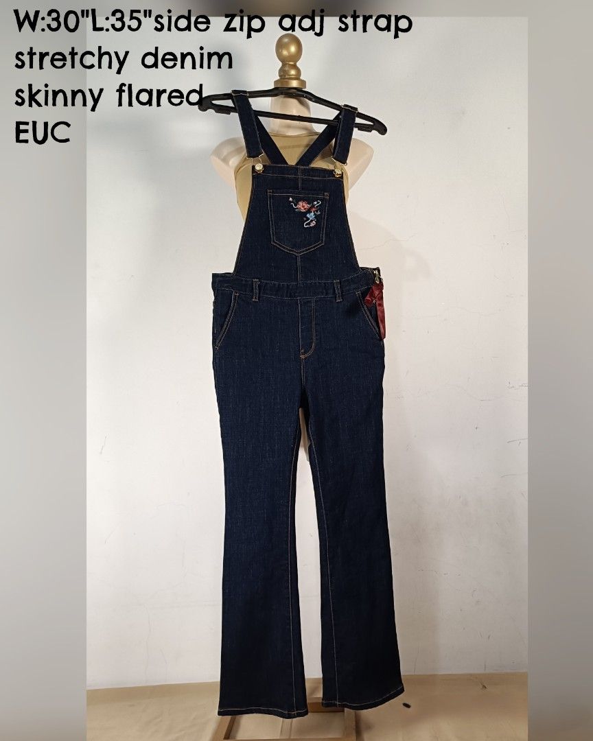 Denim Jumper pants (Category: Jumpsuits) located in Dasmarinas. Submitted by kheiko086 (Listing ID 1469432761, Image 1). Description: - Color & Material: Dark blue stretchy denim - Fit & Cut: Skinny flared leg with adjustable shoulder straps - Closure: Convenient side zip closure - Details: Adorable floral embroidery on the chest pocket - Measurements: Waist 30 inches, Length 35 inches - Styling: Versatile wardrobe staple, easy to pair with tees 