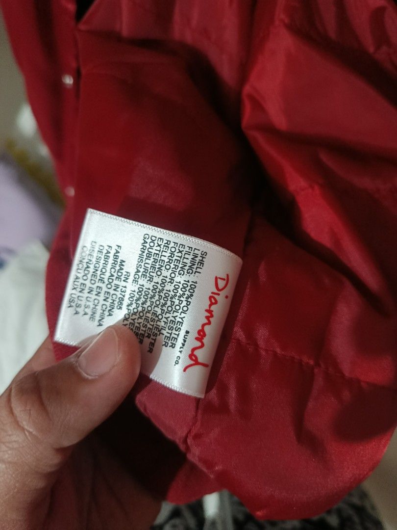 Diamond Supply Co. Red Satin Varsity Bomber Jacket (Category: Coats, Jackets and Outerwear) located in Manila. Submitted by westcity.mnl (Listing ID 1469534910, Image 3). Description: Diamond stadium jacket Large Brandnew condition Not ukay Location Sampaloc Manila .