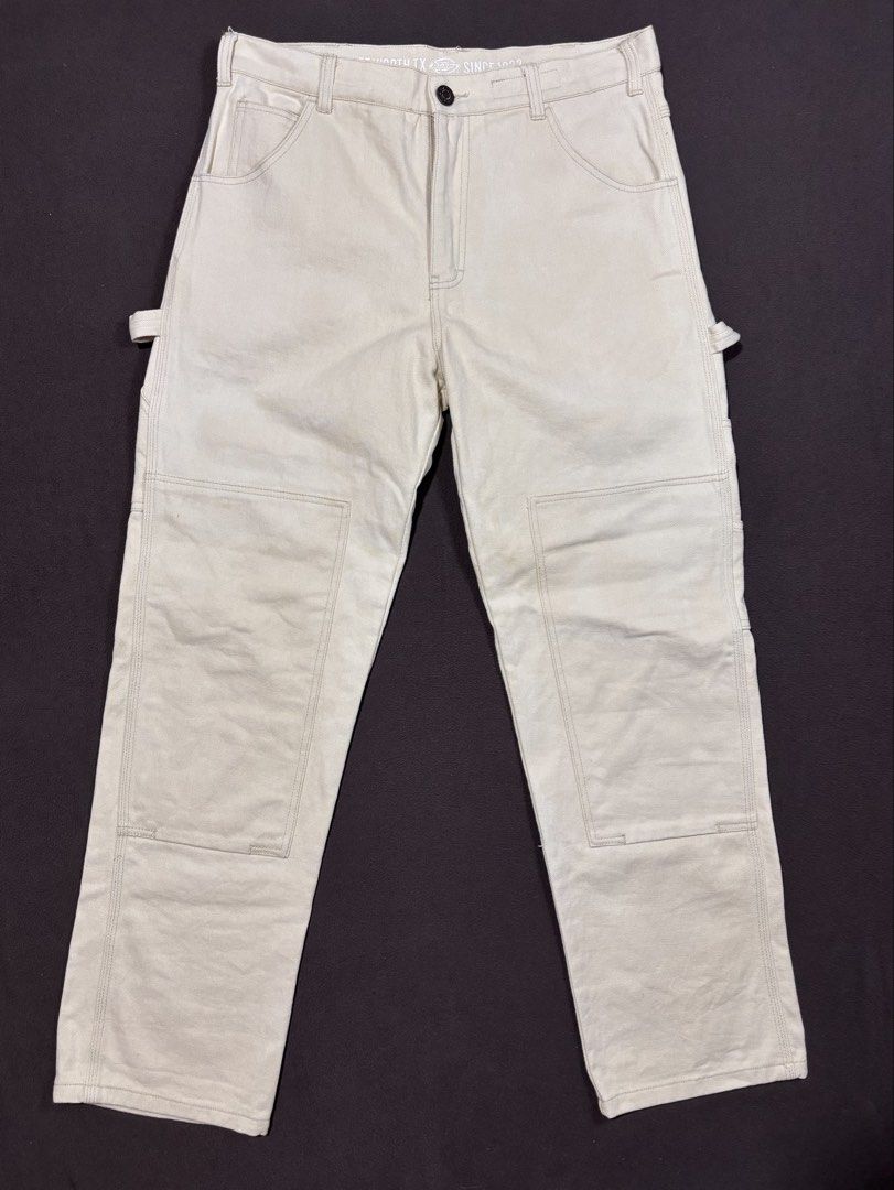 Dickies Double knee Double carpenter heavy cloth (Category: Jeans) located in Mabalacat. Submitted by _limitlessfashion (Listing ID 1469427513, Image 1). Description: - Brand: Dickies - Size 32-33 tape measure - Length 39.5 - Hem 8.3 - No issue, need wash only - Style: Double knee carpenter pants / Workwear - Color: Cream / Off-white - Material: Sturdy twill fabric - Features: Utility pockets, side hammer loops, branded button closure, interior w