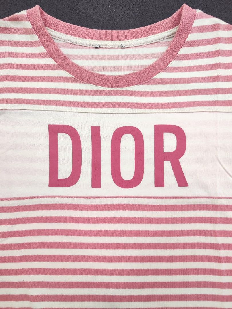 Dior WMNS Pink Stripes Tee (Category: Luxury Apparel) located in Bulacan. Submitted by emilj23 (Listing ID 1469434250, Image 2). Description: Dior WMNS Pink Stripes Tee Size M on tag L 21 W 19 Condition 9.5/10 Color rate 9.5/10 Issue Minimal Stains,Minimal Hairline,Cut Necktag.