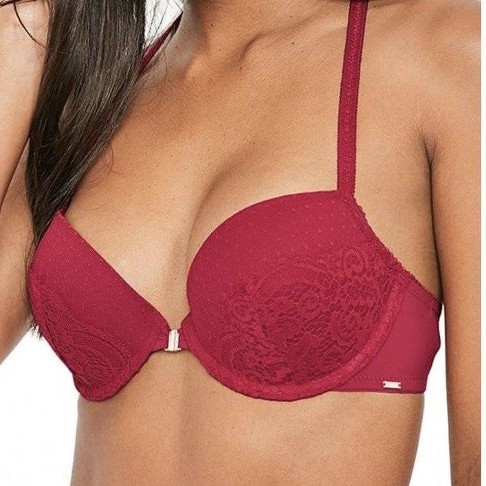 DORINA Natalie Red Front-Closure Push-up Bra [34B] (Category: Undergarments & Loungewear) located in Malabon City. Submitted by k_intimates (Listing ID 1469558515, Image 1). Description: Details: • Size 34B / wired / push-up • Seller’s fave! 🩷 • Min. sign of wear on the cups due to storage • Dorina Natalie red lace push-up bra featuring a racerback design with front-close hardware..