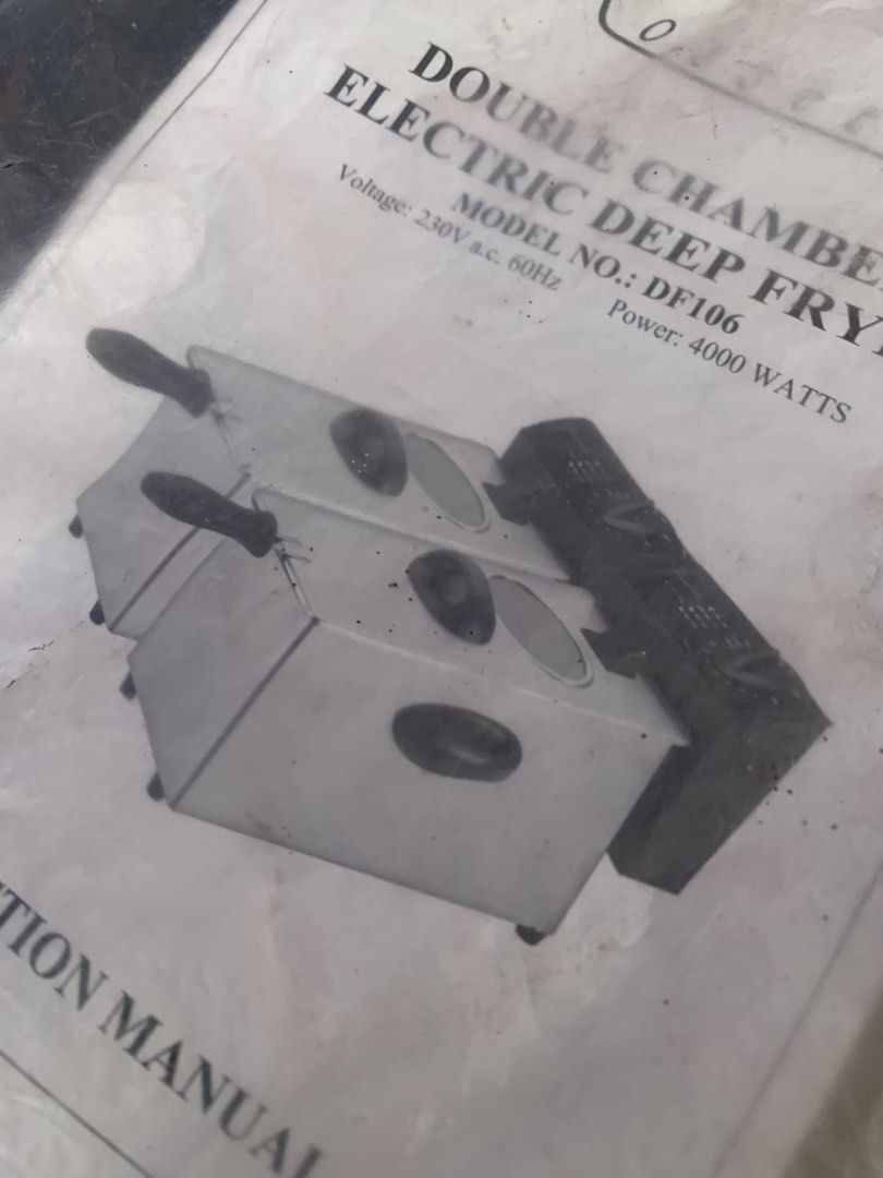 Double Chamber Electric Deep Fryer Model DF106 (Category: Fryers) located in Bulacan. Submitted by heartlove_holb (Listing ID 1469421540, Image 1). Description: - Model: DF106 Double Chamber Electric Deep Fryer - Condition: Brand new, still wrapped in original plastic packaging - Power: 4000 Watts, 230V a.c. 60Hz - Heavy-duty kitchen equipment built for fast and efficient frying - Instruction manual included.