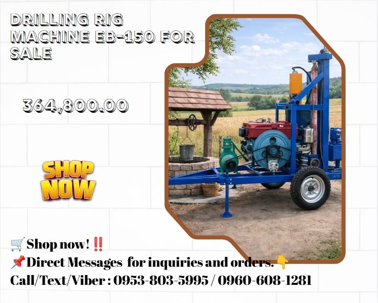 Drilling Rig Machine EB-150 for sale (Category: Home Improvement Tools & Accessories) located in Caloocan City. Submitted by 09263834248 (Listing ID 1469408206, Image 1). Description: 120m drill pipe- 141,760 🍀Overall dimension1900*1100*2600 🍀drill weight: 600KG 🍀Applicable voltage: 380V Diesel generators 🍀Pump power: 2.2KW 🍀Drill pipe length: 1.5M 🍀Borehole diameter: Within 400mm 🍀Drilling rig power: 4000w 🍀Drill pipe diameter: 50mm 🍀Dr