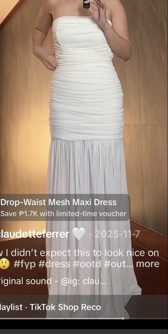 Drop-Waist Mesh Maxi Dress White Strapless (Category: Dresses) located in Quezon City. Submitted by alyannamal20675 (Listing ID 1469409501, Image 2). Description: - Color: White - Style: Strapless drop-waist maxi dress with a ruched bodice and flowing mesh skirt - Length: Floor-length silhouette - Condition: Excellent, never worn, bought as extra dress .