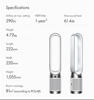 DYSON Pure Cool TP00 Air Purifier + Tower Fan (White/Silver, TV & Home ...