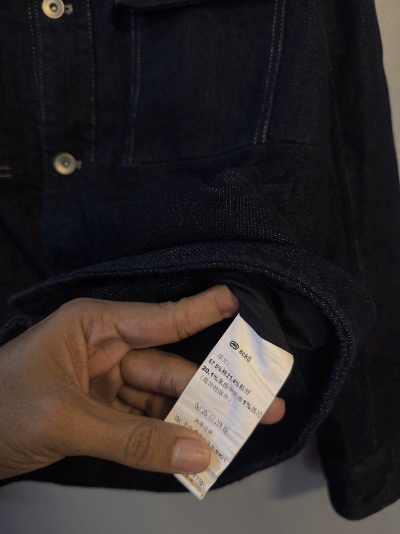 Ecko Unltd Dark Denim Jacket (Category: Coats, Jackets and Outerwear) located in Alaminos. Submitted by outfitcheck.ph (Listing ID 1469528202, Image 3). Description: - Brand: Ecko Unltd. - Color/Wash: Clean dark denim wash - Material: 57.5% cotton, 21.4% viscose, 20.1% polyester, 1% spandex (with slight stretch) - Design: Button-up front with metallic silver hardware and contrast white stitching - Pockets: Multiple functional patch pockets on the
