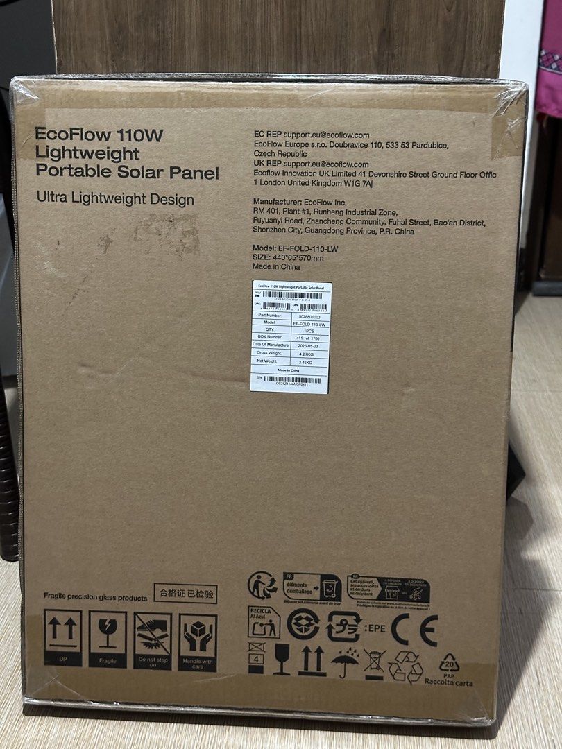 Ecoflow 110w Solar Panel 10/10 Never Use (Category: Batteries & Power Banks) located in Las Pinas. Submitted by baediola (Listing ID 1469422998, Image 2). Description: For Sale Only Ecoflow 110watts Lightweight Portable Solar Panel Never Use Just Open for Checking sa Ecoflow Store ✅10/10 Condition Package: Complete with box and manual Description: 3.3kg Ultra light weight IP68 Water Resistant Rating Bifacial Design Rfs: Decluttering, Bundle to my