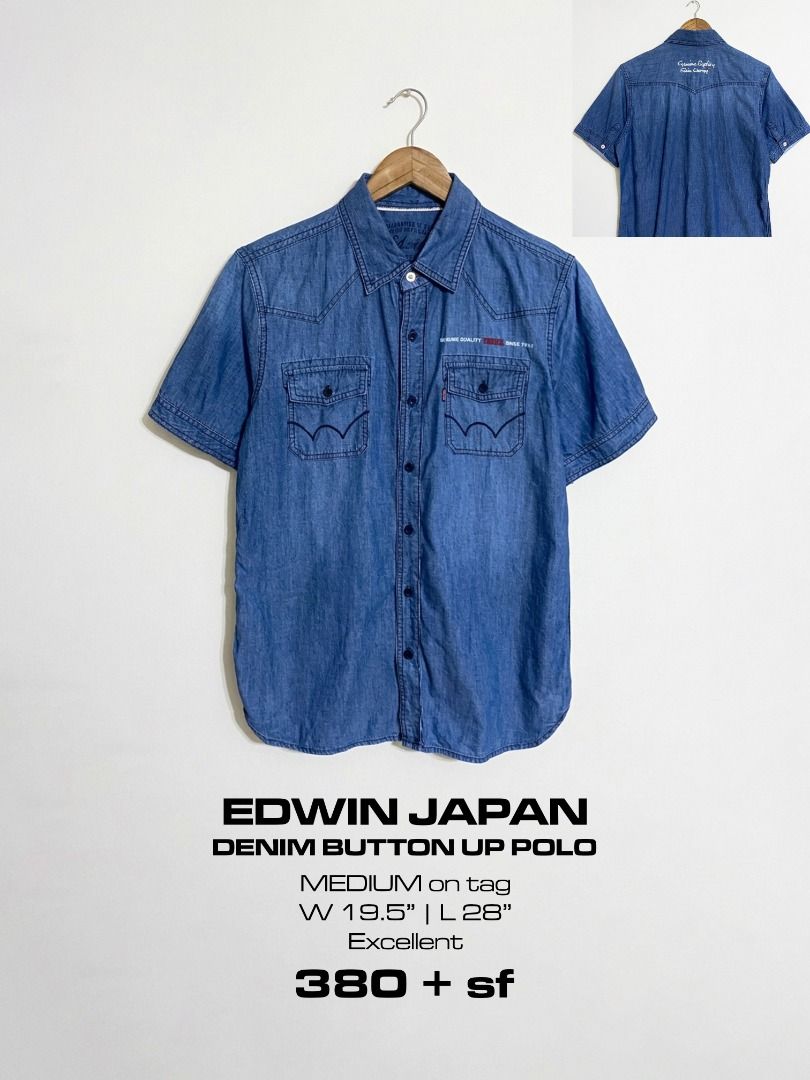Edwin Japan Denim Button Up Polo (Category: Tshirts & Polo Shirts ) located in Cadiz. Submitted by thespotcdz (Listing ID 1469541418, Image 1). Description: Medium on tag Width 19.5" Length 28" Excellent condition.