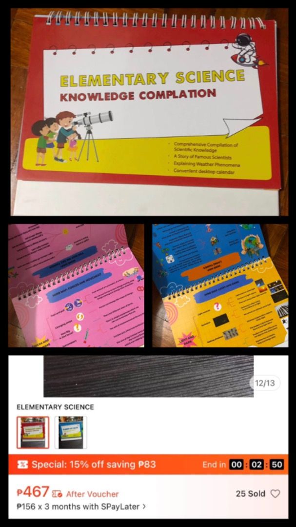 Elementary Science Knowledge Compilation, educational visual desktop flipbook (Category: Children's Books) located in San Juan City. Submitted by ttanmien (Listing ID 1469568573, Image 1). Description: ⚜️✨⚜️✨⚜️✨⚜️✨⚜️✨⚜️ 💁🏻‍♀️SELLING PRICE: ₱200 Original Price: Around ₱450~₱500 💁🏻‍♀️Book Genre: NonFiction, Children's Non fiction, Science, Reference 💁🏻‍♀️Book insight: Core Features •Format: Freestanding desktop calendar with a spiral binder a