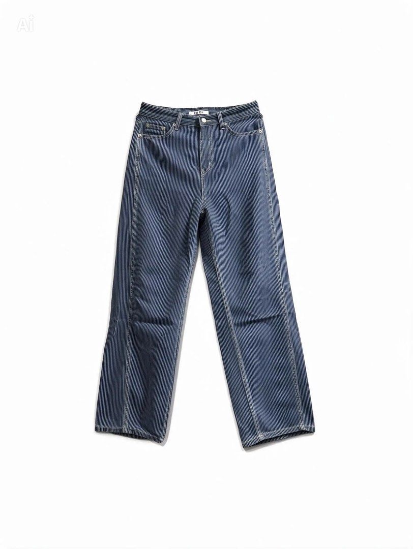 EN OR (Category: Jeans) located in Davao. Submitted by sart0ria85 (Listing ID 1469554088, Image 1). Description: blue gray and white vertical stripes all over in a Straight leg fitting. 100% COTTON MADE IN KOREA 🇰🇷 MEDIUM. Size 6 EXCELLENT CONDITION (92/100) - Features: Front pockets and zipper fly - Condition: Clean fabric, heavy vertical stripes style.