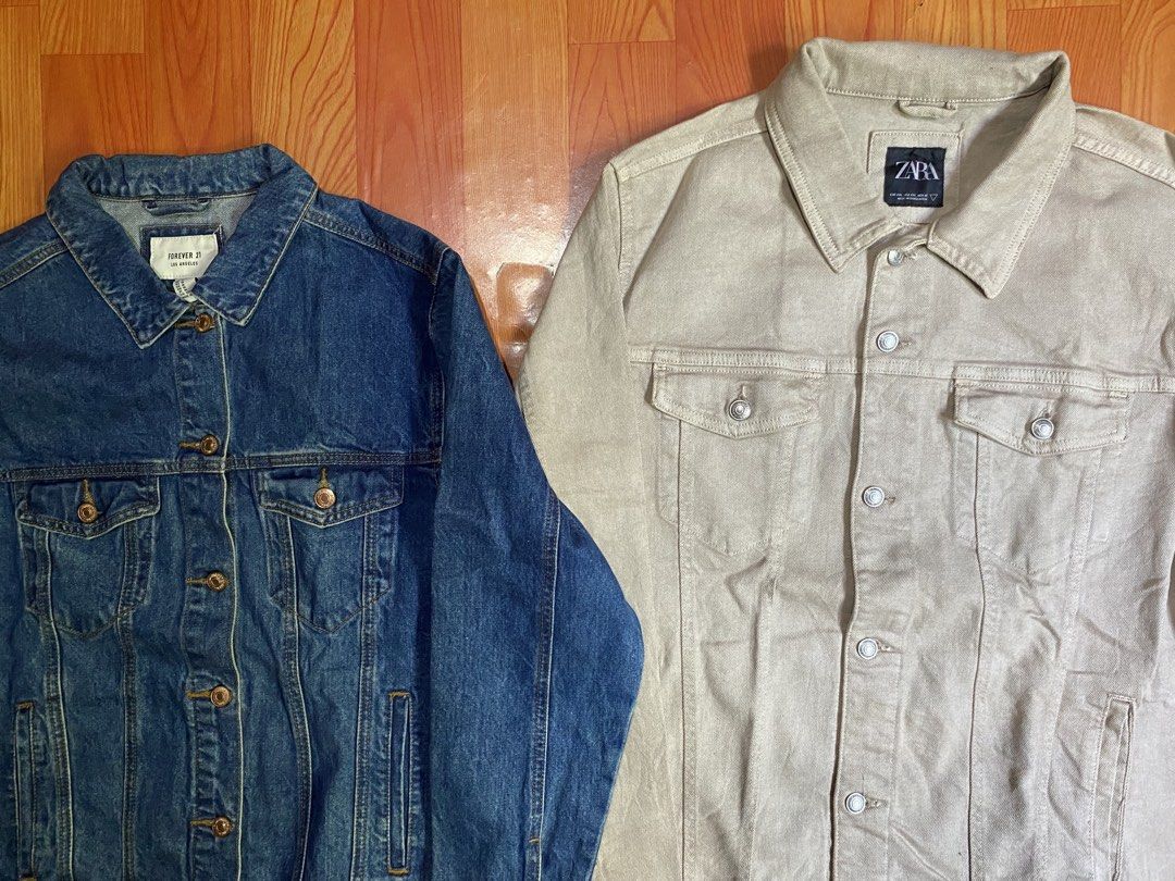 Forever 21 and Zara Denim Jackets Bundle (Category: Coats, Jackets and Outerwear) located in Cebu City. Submitted by monflor (Listing ID 1469537833, Image 2). Description: - Denim Jacket 2 pieces - 1x Forever 21 Classic Blue Denim Jacket, Size Medium - 1x Zara Beige Denim Jacket, Size XXL - Both feature button-front closures, chest flap pockets, and standard collars - Great layering pieces for the PH rainy season or cooler weather Each price 575.
