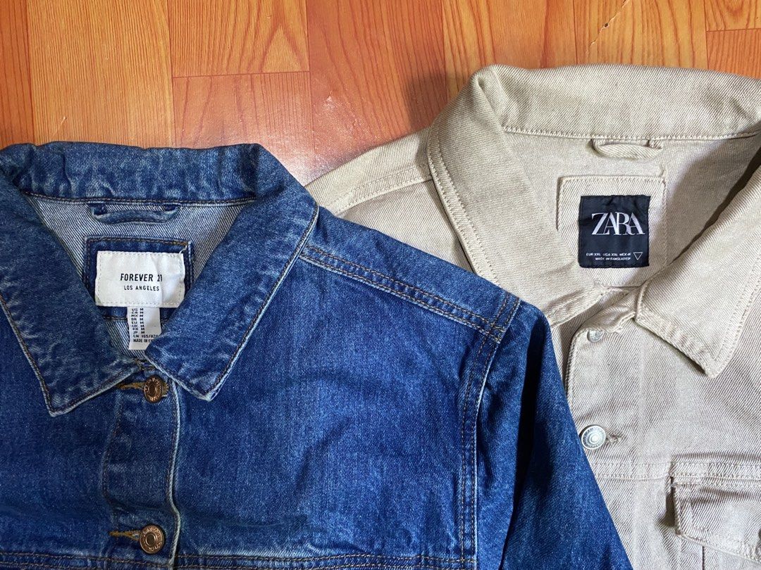 Forever 21 and Zara Denim Jackets Bundle (Category: Coats, Jackets and Outerwear) located in Cebu City. Submitted by monflor (Listing ID 1469537833, Image 3). Description: - Denim Jacket 2 pieces - 1x Forever 21 Classic Blue Denim Jacket, Size Medium - 1x Zara Beige Denim Jacket, Size XXL - Both feature button-front closures, chest flap pockets, and standard collars - Great layering pieces for the PH rainy season or cooler weather Each price 575.