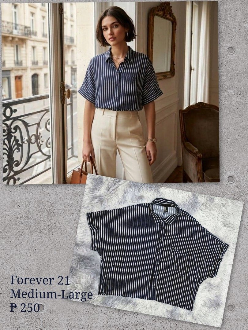 Forever 21 Button Down Striped Polo (Category: Blouses) located in General Trias. Submitted by relove_closet8 (Listing ID 1469553793, Image 1). Description: • Washed and never used. • Navy blue and white stripes. • Cuffed short sleeves. • Soft breathable fabric. • Buyer handles shipping fee and book J&T or Lalamove only. • Payment first via bank transfer or e-wallet • No cancellation/return/refund of orders. 📍Lancaster, General Trias (Weekdays) 
