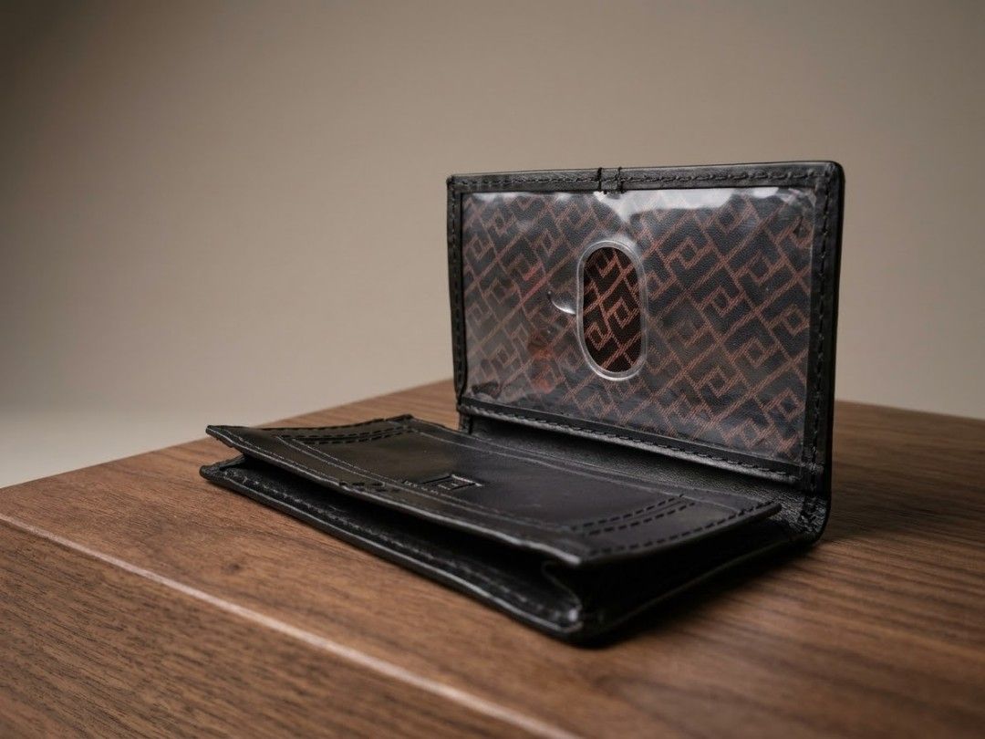 Fossil in black pebbled genuine leather (Category: Luxury Bags & Wallets) located in Iba. Submitted by selector_items (Listing ID 1469543203, Image 1). Description: Fossil in black pebbled genuine leather > - Color: Black > - Material: Genuine cowhide leather, fabric lining with Fossil monogram pattern > - Features: ID window with thumb hole, card slots, bill compartment, 2 flip pockets > - Logo: Embossed FOSSIL on front bottom, clean stitching >