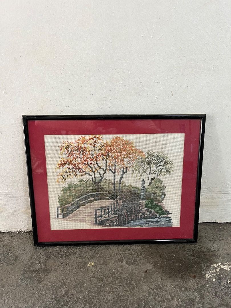 Framed Embroidered Artwork: cross stitch of Bridge and Autumn Trees ...