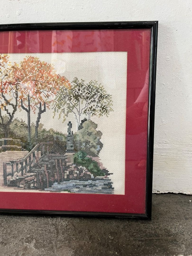 Framed Embroidered Artwork: cross stitch of Bridge and Autumn Trees ...