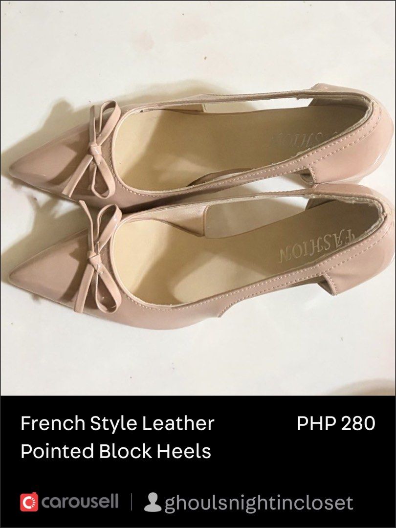 French Style Leather Pointed Block Heels (Category: Heels) located in Davao. Submitted by ccfinds_ph (Listing ID 1469425333, Image 3). Description: • Color: Naked Pink • Size: 39 • Condition: Brand New / Never been used (Pristine condition) • Features: Soft leather finish, pointed toe silhouette, stable block heel for all-day wear • Price: ₱280 (Save ₱345!) • Original Price: ₱625 💌 Price is slightly negotiable for sure buyers!.