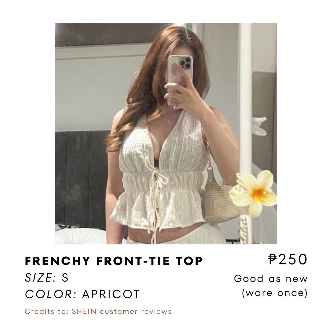 Frenchy Front-Tie Top Apricot Size S (Category: Sleeveless) located in Dasmarinas. Submitted by crtzelys (Listing ID 1469511021, Image 2). Description: Frenchy front-tie top in apricot color. Size S. Sleeveless style with a deep V-neck and front ribbon tie. Smocked bodice and flared hem. Pairs easily with jeans or casual pants..