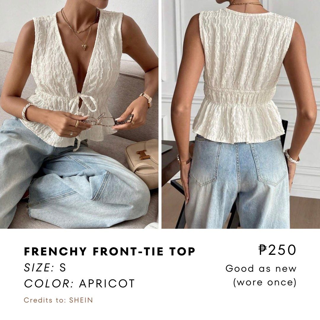 Frenchy Front-Tie Top Apricot Size S (Category: Sleeveless) located in Dasmarinas. Submitted by crtzelys (Listing ID 1469511021, Image 1). Description: Frenchy front-tie top in apricot color. Size S. Sleeveless style with a deep V-neck and front ribbon tie. Smocked bodice and flared hem. Pairs easily with jeans or casual pants..