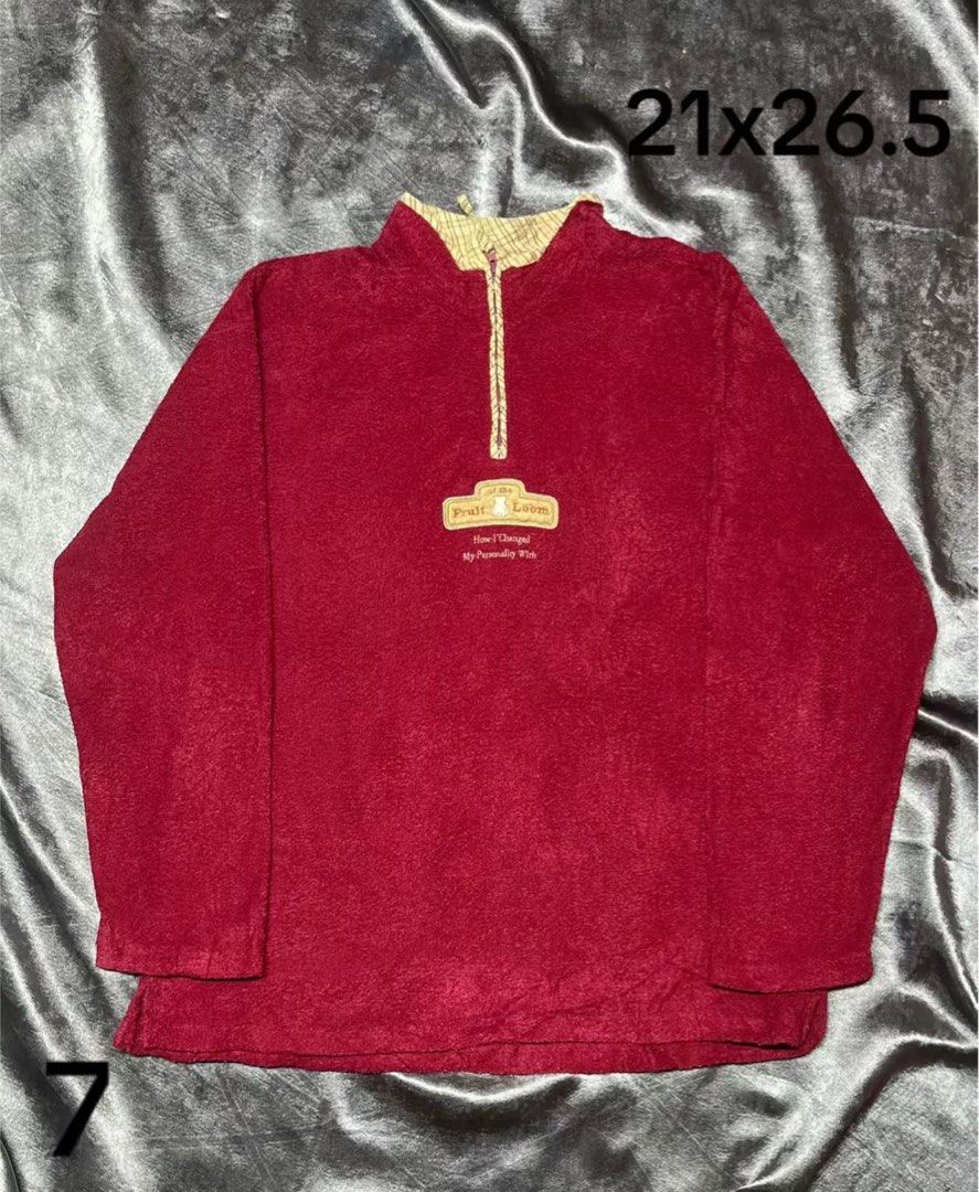 Fruit of the Loom Red Quarter Zip Pullover (Category: Coats, Jackets and Outerwear) located in Cavite. Submitted by bellewii (Listing ID 1469445840, Image 1). Description: - Brand: Fruit of the Loom - Color: Red with plaid lining inside the collar and zipper placket - Design: Embroidered patch logo on the chest with text underneath - Fit & Style: Relaxed fit, long sleeves, soft textured fabric, great for layering - Measurements: 21 inches across 