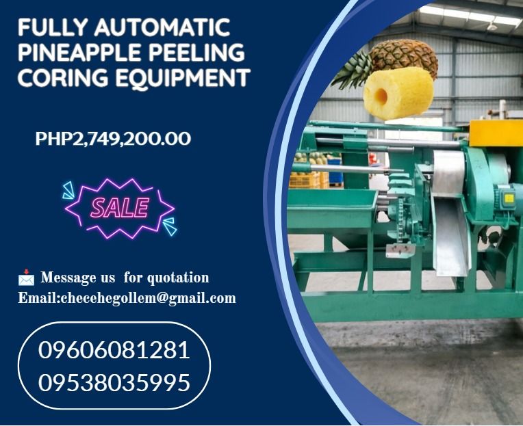 Fully Automatic Pineapple Peeling Coring Equipment (Category: Everything Else Others) located in Caloocan City. Submitted by 09616968642 (Listing ID 1469409045, Image 1). Description: 💥Model: PP-SI 💥Structure Material: Stainless steel 304 💥Function: Auto peeling + coring +cutting both ends 💥Capacity (Speed): 1 -1.5T/H (~30pcs/min. ) 💥Voltage: 380V 50Hz 💥Power: 3.3kw 💥Weight: 800kg 💥Dimension: 2700*1600*1600mm .