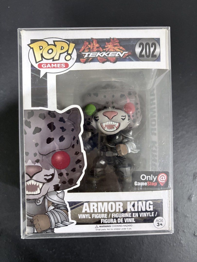 Funko Pop Games Tekken Armor King 202 (Category: Designer & Blind Box Toys) located in Manila. Submitted by popnloaded (Listing ID 1469455566, Image 1). Description: - Item: Funko Pop #202 Armor King (Tekken) - Edition: 2022 Funkon LE (with front window sticker) - Condition: Small tear on top, stored carefully on shelf - Packaging: Original box included with clear protective sleeve - Corners: Sharp and intact PM for more photo. Mode of Payment: G