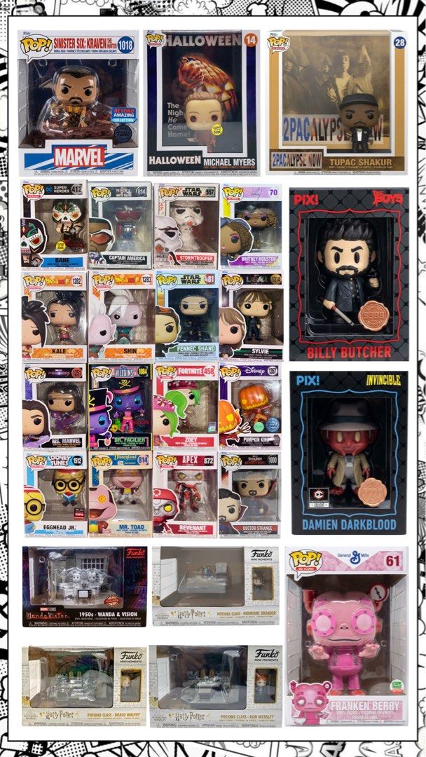 FUNKO POP RUSH SALE! (Category: Designer & Blind Box Toys) located in Manila. Submitted by iyaccoe (Listing ID 1465865404, Image 1). Description: 𖦹 OPEN FOR TAKE ALL OFFER — PM your price! ༘⋆ 🏷 Price Each: ₱250 – ₱1,500 ╰┈➤ Add 35 for protector case (Optional) ❀ No issues & Good condition ⤿ Franken Berry (#61) – ₱1,500 ⤿ Thrilljoy PIX! Billy Butcher – ₱700 ⤿ Thrilljoy PIX! Damien Darkblood – ₱700 ⤿ Franken Berry (#61) – ₱1,500 ⤿ Doctor Strange 