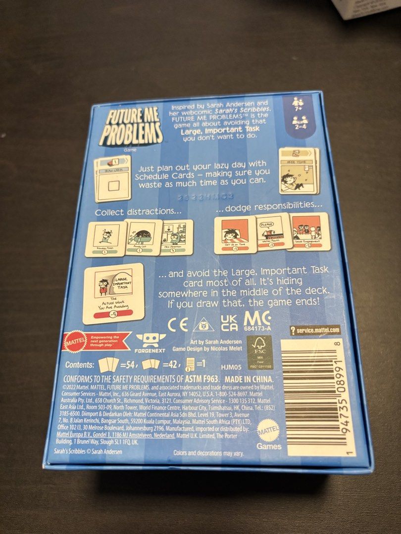 Future Me Problems Card Game (Category: Board Games & Puzzles) located in Manila. Submitted by mganovelo64040 (Listing ID 1469478707, Image 2). Description: Sarah's Scribbles Party Card Game Objective: Avoid responsibilities and collect fun distractions Condition: Box opened only to check contents, cards still wrapped and brand new.