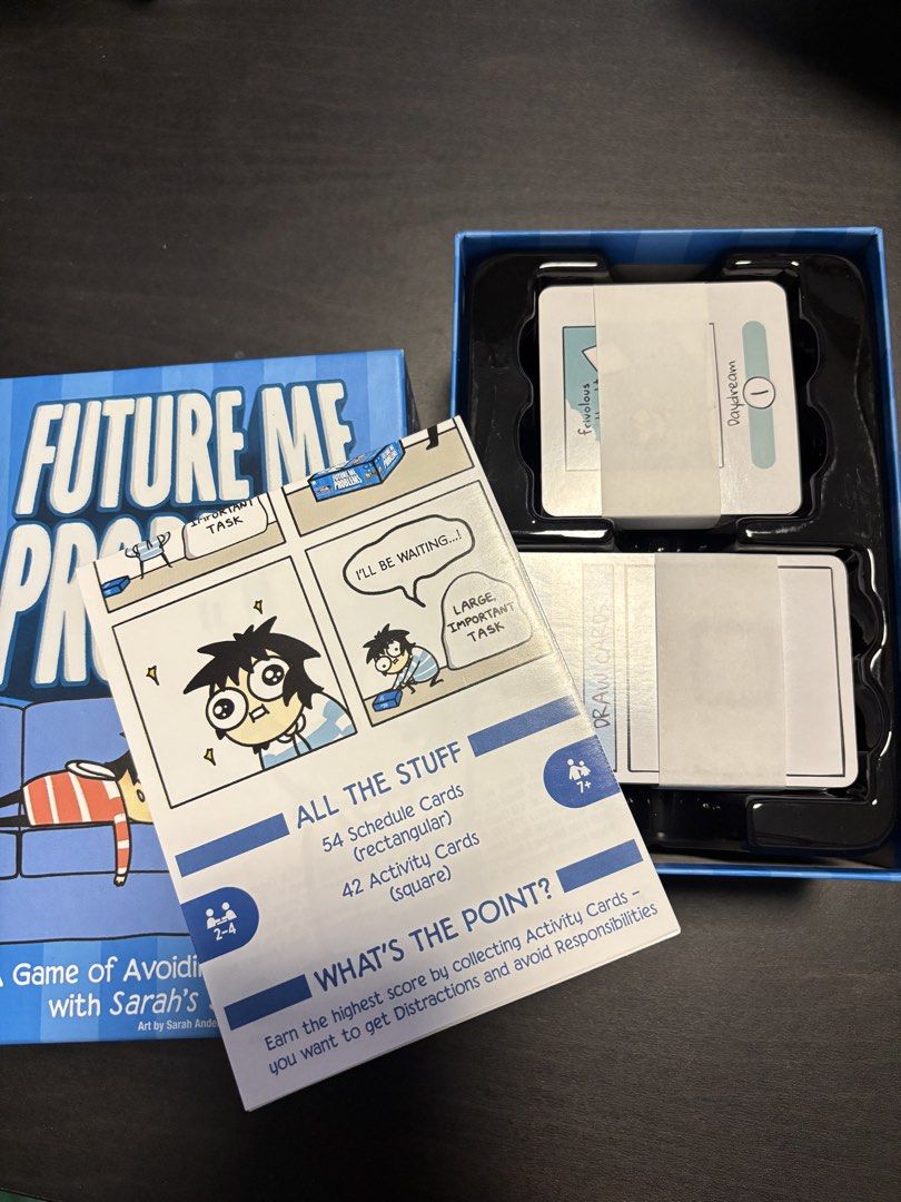 Future Me Problems Card Game (Category: Board Games & Puzzles) located in Manila. Submitted by mganovelo64040 (Listing ID 1469478707, Image 3). Description: Sarah's Scribbles Party Card Game Objective: Avoid responsibilities and collect fun distractions Condition: Box opened only to check contents, cards still wrapped and brand new.