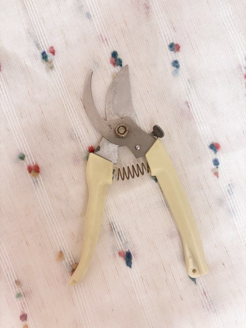 Garden Pruning Shears with Cream Handles (Category: Gardening Tools & Ornaments) located in Quezon City. Submitted by wanderlostshop (Listing ID 1469457557, Image 2). Description: - Essential tool for yard work, trimming plants, flowers, and small branches - Cream plastic handles designed with a built-in coil spring mechanism - Durable steel blades that open and close smoothly - Clean condition with only minor wear on the metal parts from normal 
