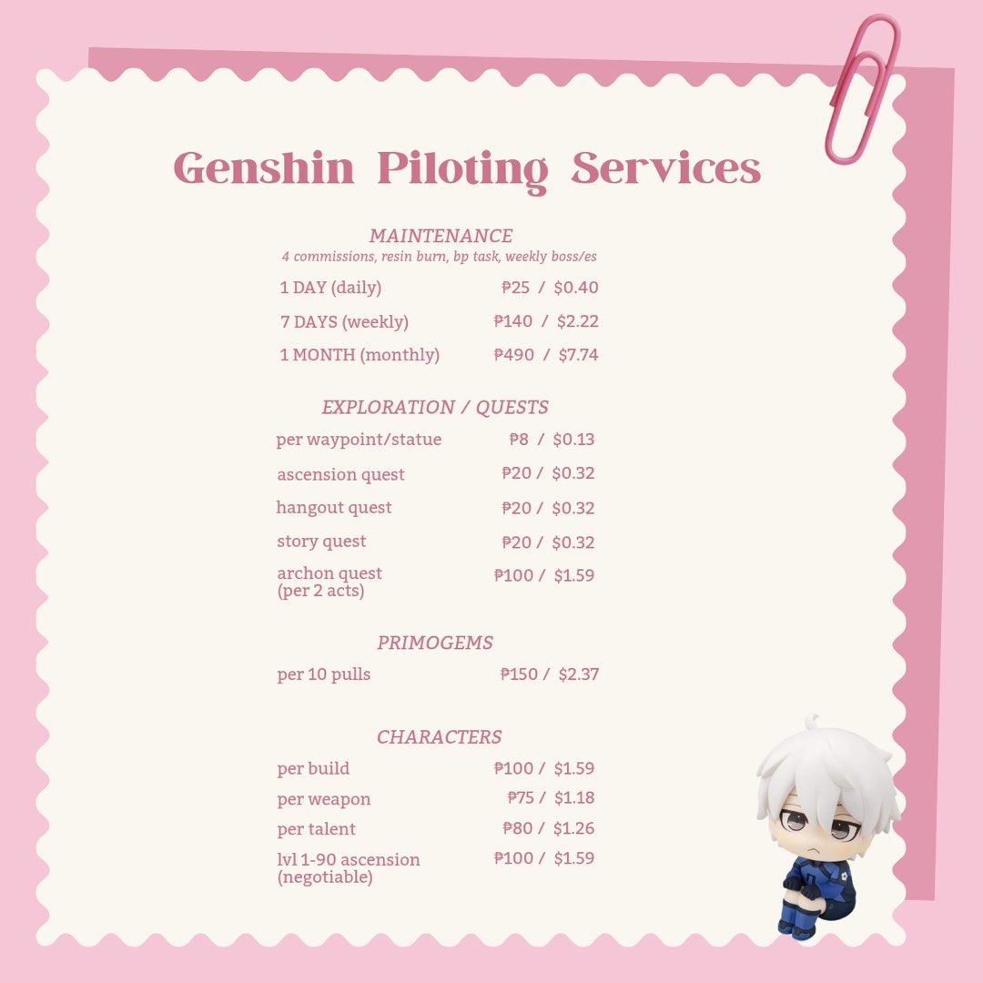 genshin pilot services commissions (DM for deets and READ DESCRIPTION) (Category: In-Game Products) located in Imus. Submitted by nichocnut (Listing ID 1469454813, Image 1). Description: MOP: gcash, maribank, gotyme PAY as you order! (can do 50% dp) (if USD, can send to maribank/gotyme!) feel free to dm me here on carousell, on discord @/nichocnut, or just join my DC server for faster replies and help! (also more organized!) - rates are negotiabl