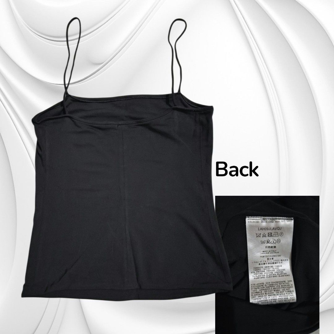 Giorgio Armani Black Cami Top Size 42 (Category: Sleeveless) located in Paranaque City. Submitted by calm_youngstore7 (Listing ID 1469447442, Image 2). Description: - Brand: Giorgio Armani - Size: 42 (Made in Italy) - Material: 93% Viscose, 7% Elastane (soft stretch fabric) - Design: Double spaghetti straps, plain black back with center seam - Condition: Brand tags attached to collar label, original tag included - Care: Dry clean only.