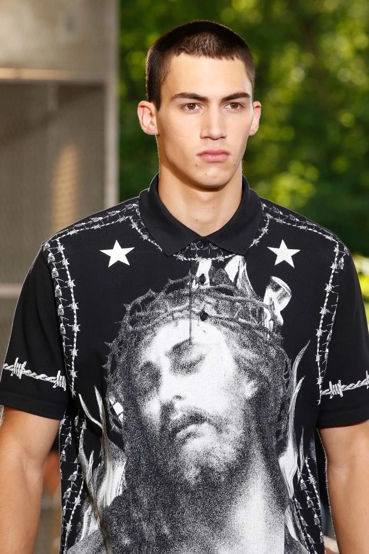 Givenchy - S/S 16 - Jesus Barbed Wire-Print Polo (Category: Tshirts & Polo Shirts ) located in Manila. Submitted by graymatter_ (Listing ID 1469453540, Image 2). Description: Givenchy - S/S 16 - Jesus Barbed Wire-Print Polo Tagged Size: XXS Fit: Columbian Condition: 8/10 Flaws: Discoloration Spots, Overall Minor Fading Material: 100% Cotton Made in: Portugal Dimensions Length: 33.5 Width: 21.5 Shoulder: 19.5 Sleeve: 9.5 .