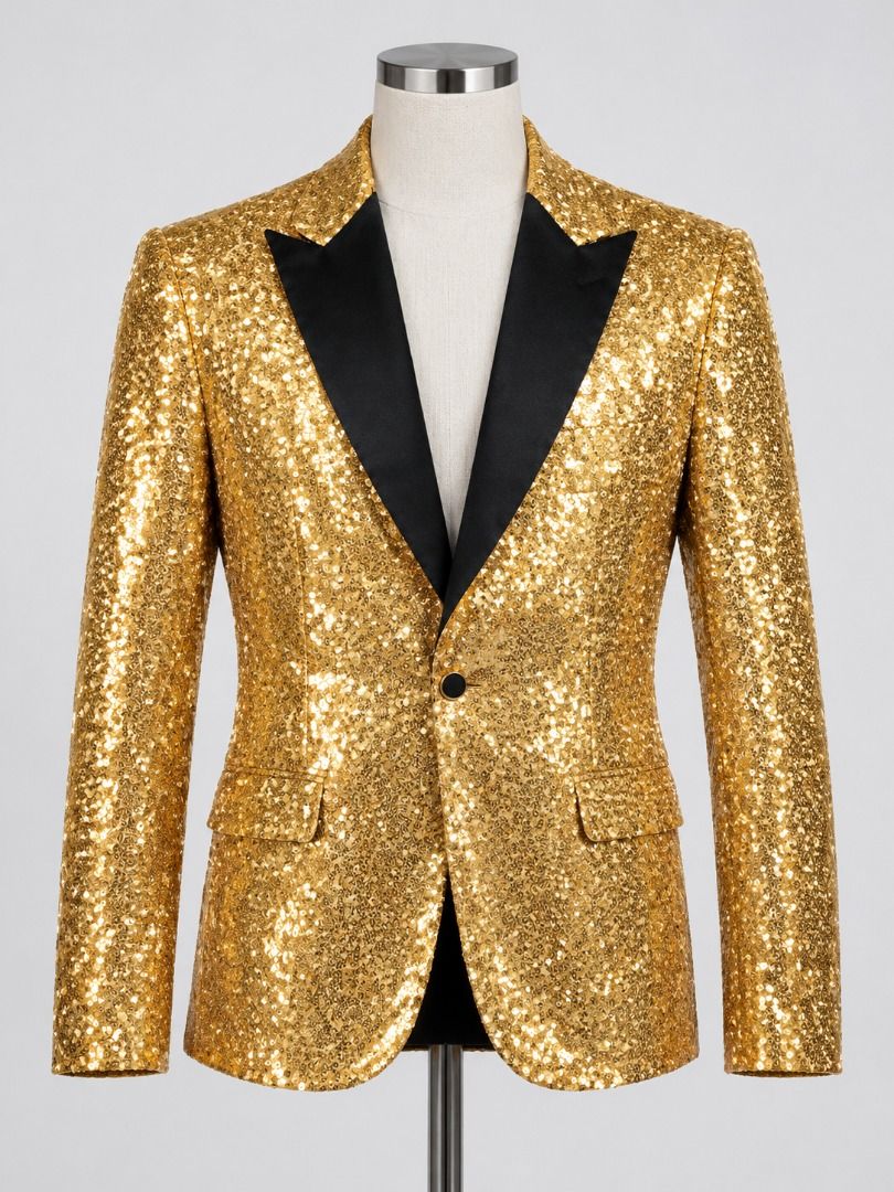 Gold sequin blazer with black lapels (Category: Coats, Jackets and Outerwear) located in Caloocan City. Submitted by shay0520 (Listing ID 1469216457, Image 1). Description: - Gold sequin blazer with all-over sparkle - Contrasting black lapels and single button closure - Smooth black inner lining for comfortable wear - Functional front pockets on both sides - Great statement piece for parties, performances, and stage events - Tailored fit that sit