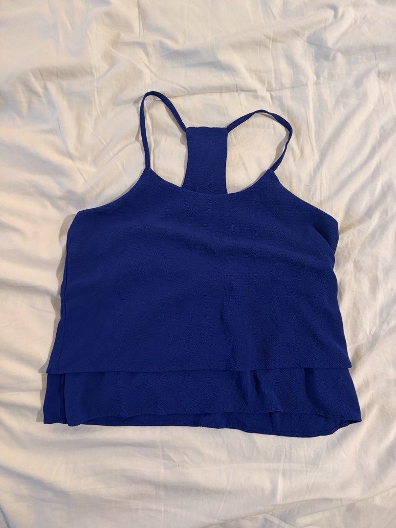GTWFAB Blue Double Layer Tank Top Size M (Category: Sleeveless) located in Quezon City. Submitted by ianne.declutter (Listing ID 1469437378, Image 2). Description: M on label but more like S-M - Brand/Model: GTWFAB blue tank top - Size: Medium (M) - Design: Racerback straps and trendy layered hem - Material: Textured fabric throughout - Versatility: Great for warm weather or layering under jackets; easy to pair with shorts or jeans - Condition: C