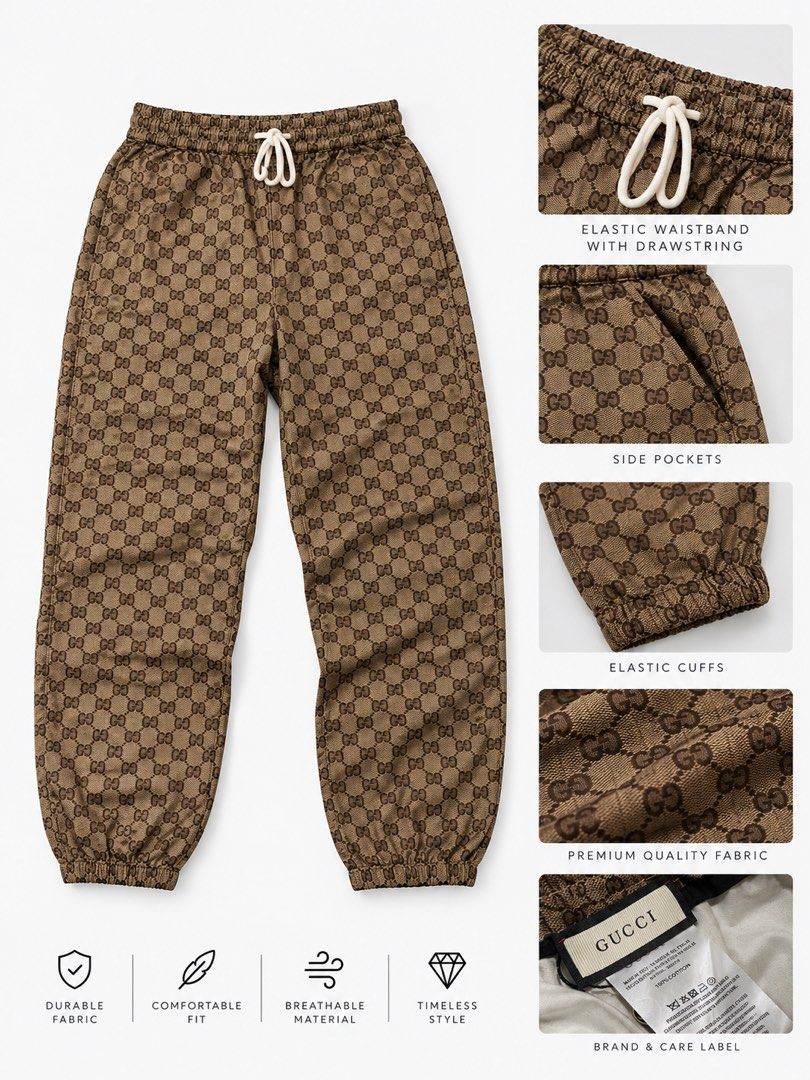 Gucci GG Monogram Brown Jogger Pants (Category: Joggers) located in Manila. Submitted by jyexclusivelux.ph (Listing ID 1469413819, Image 1). Description: - Authentic designer style: Brown jogger pants featuring the iconic all-over GG monogram pattern - Premium comfort: Made from 100% high-quality cotton for an ultra-soft feel - Adjustable fit: Elastic waistband complete with an adjustable drawstring - Functional design: Convenient side pockets fo