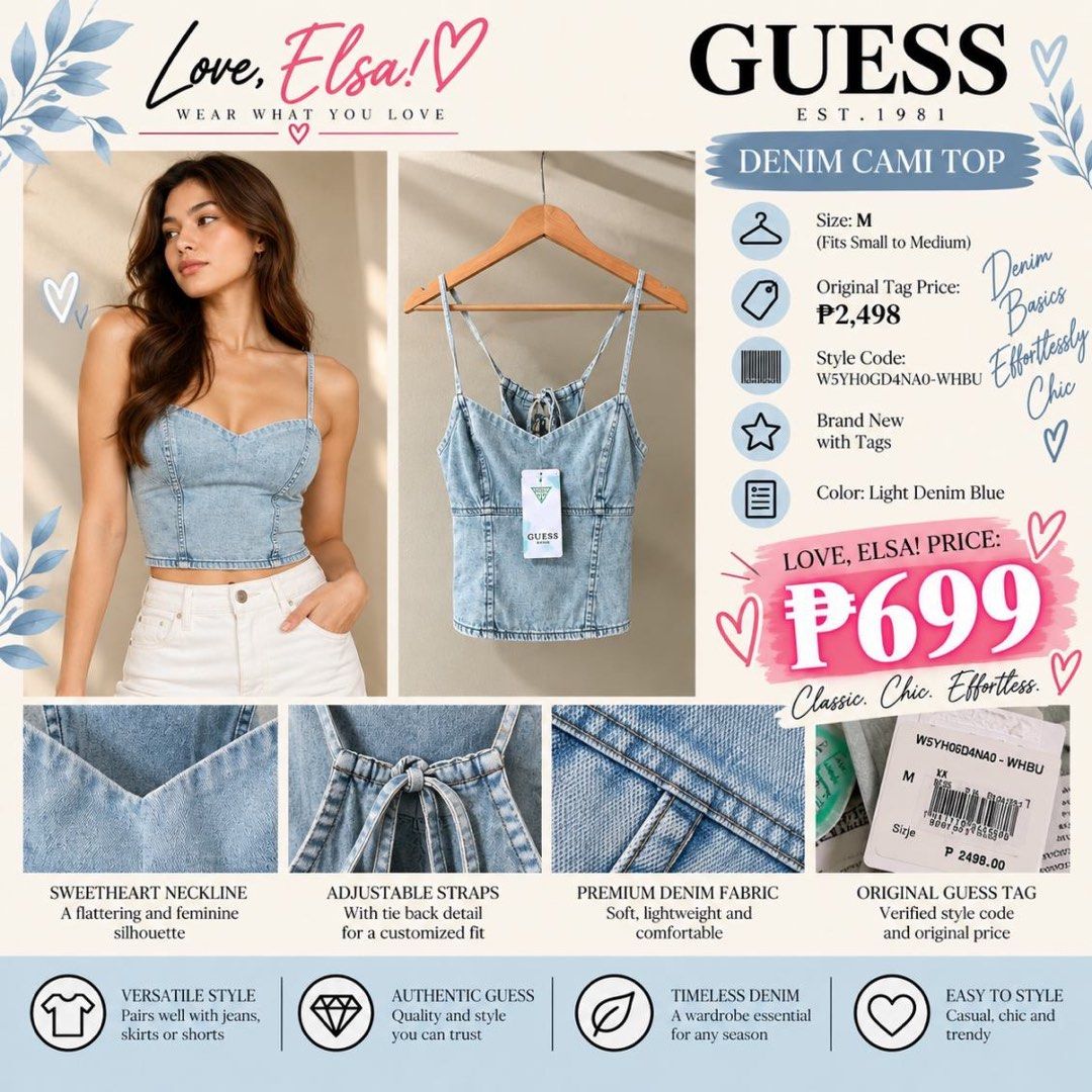 Guess Denim Cami Top Size M Light Denim Blue (Category: Sleeveless) located in Makati City. Submitted by highstylestore (Listing ID 1469460428, Image 1). Description: - Brand: Guess - Item: Denim Cami Top - Color: Light Denim Blue - Size: M (Best fits Small to Medium) - Condition: Brand new with original tag attached - Original Retail Price: P2,498 - Style/Details: Sweetheart neckline, flattering silhouette, adjustable tie-back straps - Fabric: S