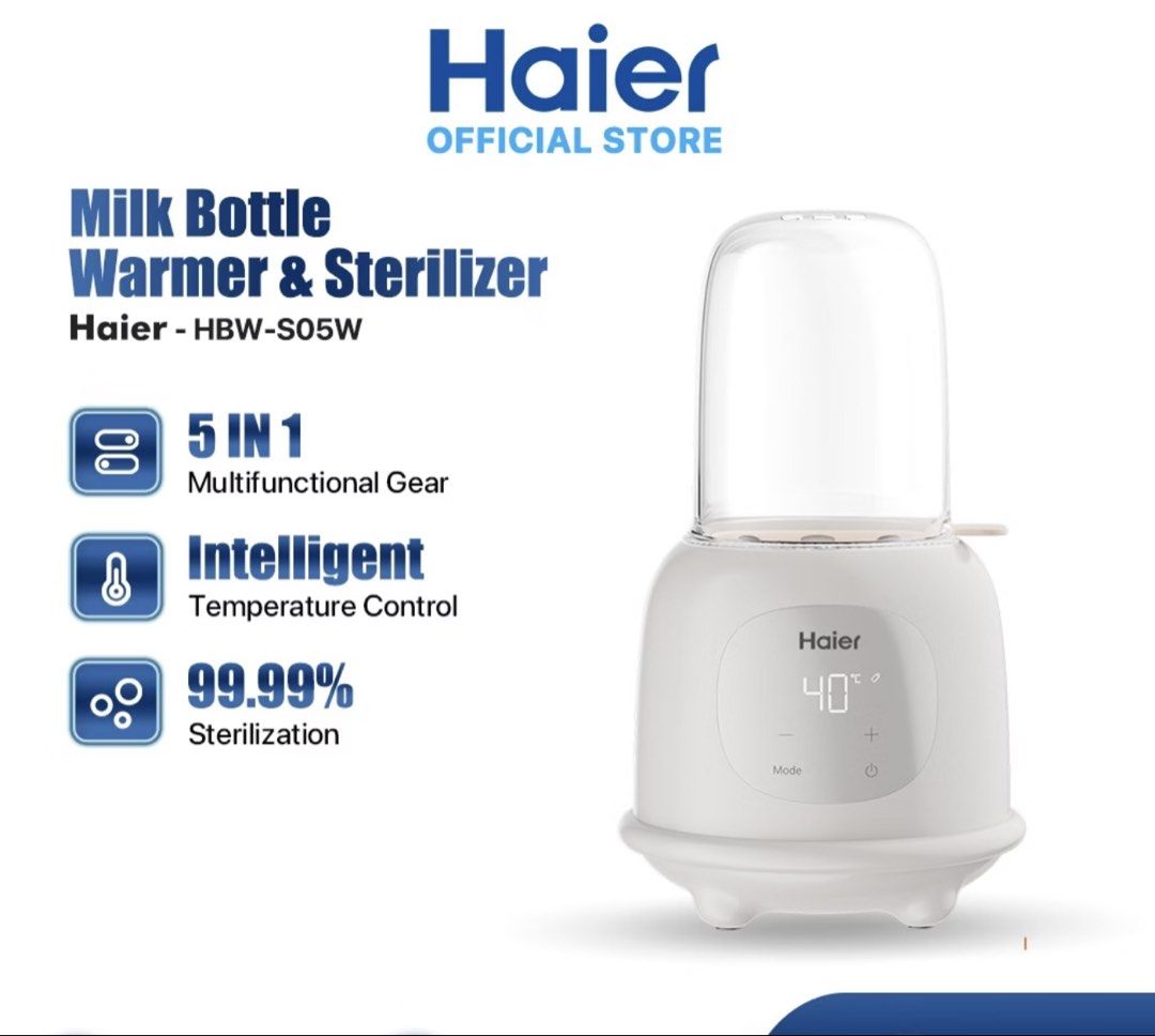 Haier Milk Bottle Warmer (Category: Breastfeeding & Bottle Feeding) located in Calamba. Submitted by rml024 (Listing ID 1469464829, Image 3). Description: - Model: Haier HBW-S05W 5-in-1 Electric Milk Bottle Warmer and Sterilizer - Color: White with digital display - 5 Core Functions: Defrost, milk warming, food heating, sterilization, and 24-hour constant warmth - Extra-large 96mm diameter fits most baby bottle sizes - Condition: Slightly used, n