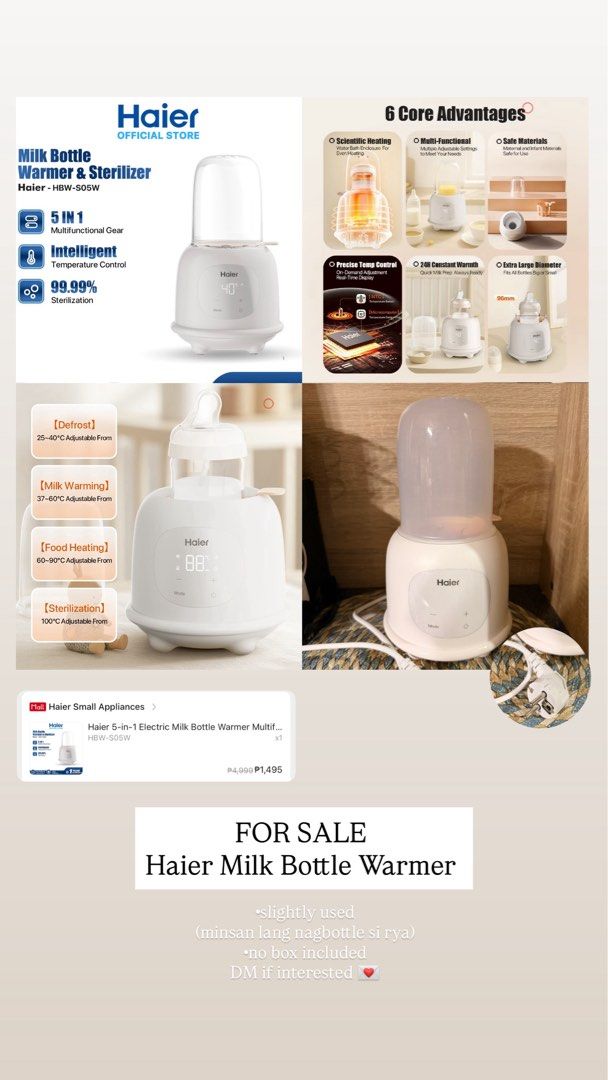 Haier Milk Bottle Warmer (Category: Breastfeeding & Bottle Feeding) located in Calamba. Submitted by rml024 (Listing ID 1469464829, Image 1). Description: - Model: Haier HBW-S05W 5-in-1 Electric Milk Bottle Warmer and Sterilizer - Color: White with digital display - 5 Core Functions: Defrost, milk warming, food heating, sterilization, and 24-hour constant warmth - Extra-large 96mm diameter fits most baby bottle sizes - Condition: Slightly used, n