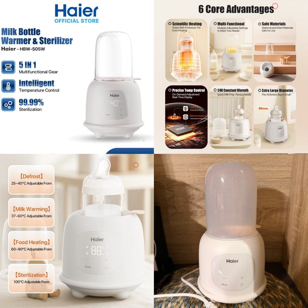 Haier Milk Bottle Warmer (Category: Breastfeeding & Bottle Feeding) located in Calamba. Submitted by rml024 (Listing ID 1469464829, Image 2). Description: - Model: Haier HBW-S05W 5-in-1 Electric Milk Bottle Warmer and Sterilizer - Color: White with digital display - 5 Core Functions: Defrost, milk warming, food heating, sterilization, and 24-hour constant warmth - Extra-large 96mm diameter fits most baby bottle sizes - Condition: Slightly used, n