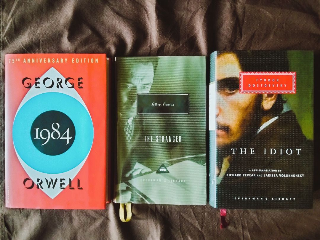 Hardcover Book Bundle 1984 The Stranger The Idiot (Category: Storybooks) located in Davao. Submitted by kurl82345 (Listing ID 1469437067, Image 1). Description: - Bundle of 3 acclaimed hardcover classic novels - Includes: George Orwell 1984 (75th Anniversary Edition), Albert Camus The Stranger (Everyman's Library), and Fyodor Dostoevsky The Idiot (Everyman's Library translated by Richard Pevear & Larissa Volokhonsky) - Each volume features a conv