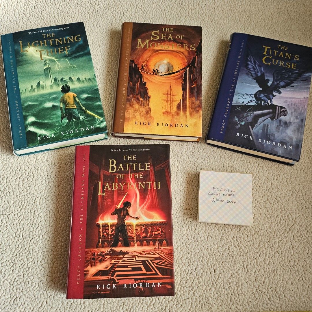 HB Percy Jackson & the Olympians Hardcover Set The Lightning Thief Sea of Monsters Titan's Curse Battle of the Labyrinth (Category: Storybooks) located in Cebu City. Submitted by falloutin (Listing ID 1469406694, Image 1). Description: Percy Jackson and the Olympians 1-4 NO LAST OLYMPIAN BOOK 5 = 5,100 - Pages are in very good condition. Book 1 has a bit of stain sa dustjacket. Book 2 has pen mark. Book 4 dustjacket has a bit of fading from expos