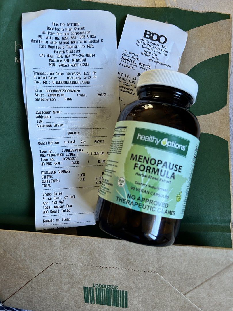 Healthy Options Menopause Supplements (Category: Health Food, Drinks & Tonics) located in Manila. Submitted by reign0620 (Listing ID 1469516203, Image 1). Description: Healthy Options Menopause Supplement (90 Veggie Capsules) 📍 Location: Acacia Estates - BGC / Taguig Area 💰 Price: ₱2,250 (Bought for ₱2,400!) • Date Purchased: Last night, Oct 19, 2026 (Fresh stock!) • Expiry Date: Best used on or before June 27, 2028 • Condition: Opened but prac