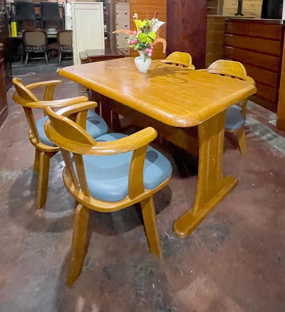 Heavy-Duty Solid Wood 4 Seater Dining Table and Chairs Set (Category: Tables & Sets) located in Quezon City. Submitted by dannikkishoppe2 (Listing ID 1469411187, Image 3). Description: Heavy-Duty Solid Wood 4 Seater Dining Table and Chairs Set‼️₱16000‼️ A beautiful and sturdy Japanese dining set featuring a solid wood table and 4 U-Shaped Swivel Armchairs with comfortable cushioned seats. ✅ Heavy-duty & sturdy construction ✅ Elegant natural wood 