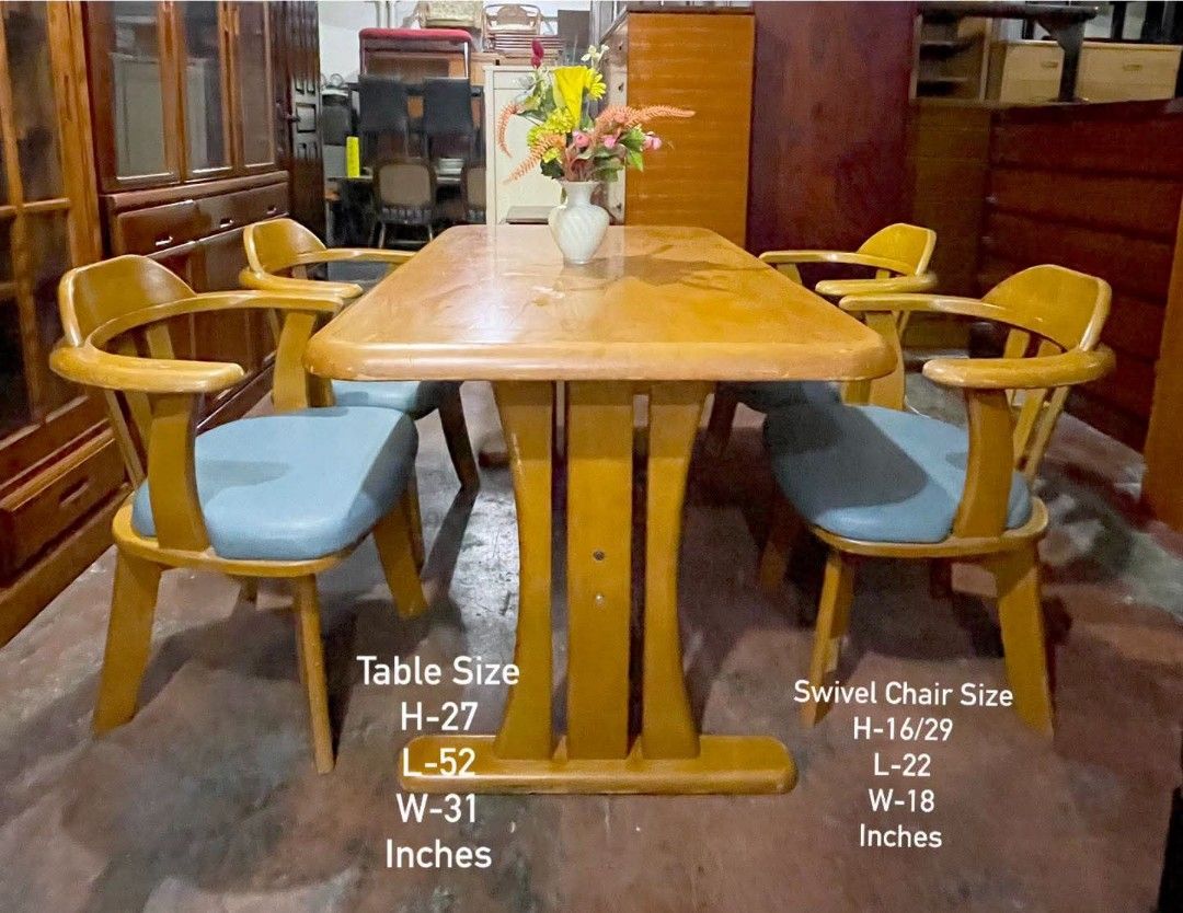 Heavy-Duty Solid Wood 4 Seater Dining Table and Chairs Set (Category: Tables & Sets) located in Quezon City. Submitted by dannikkishoppe2 (Listing ID 1469411187, Image 2). Description: Heavy-Duty Solid Wood 4 Seater Dining Table and Chairs Set‼️₱16000‼️ A beautiful and sturdy Japanese dining set featuring a solid wood table and 4 U-Shaped Swivel Armchairs with comfortable cushioned seats. ✅ Heavy-duty & sturdy construction ✅ Elegant natural wood 